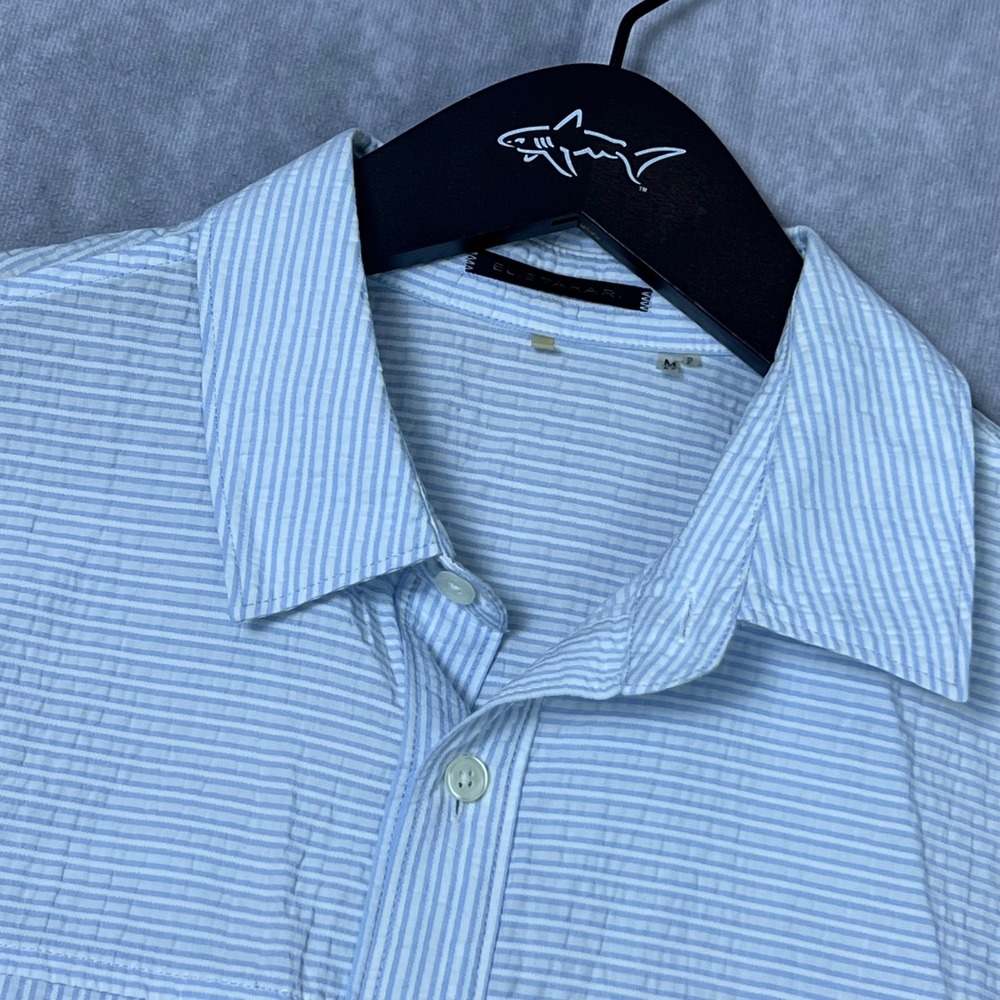 Elie Tahari Mens Blue White Striped Seersucker Short Sleeve Button Down Shirt M